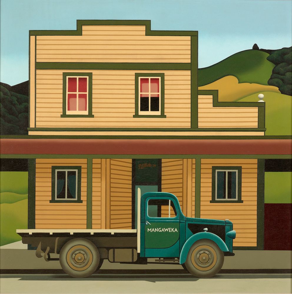 ‘Mangaweka’, 1973, by Robin White. A high-quality reproduction of an iconic painting showing a 1930s truck parked in front of a wooden building in the small NZ town of Mangaweka.