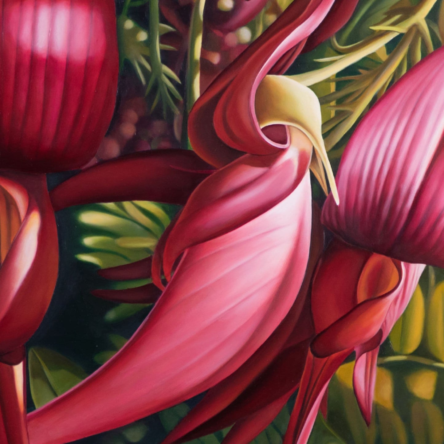Close-up of vibrant oil painting by Rod Eales, featuring vibrant red flowers with green leaves