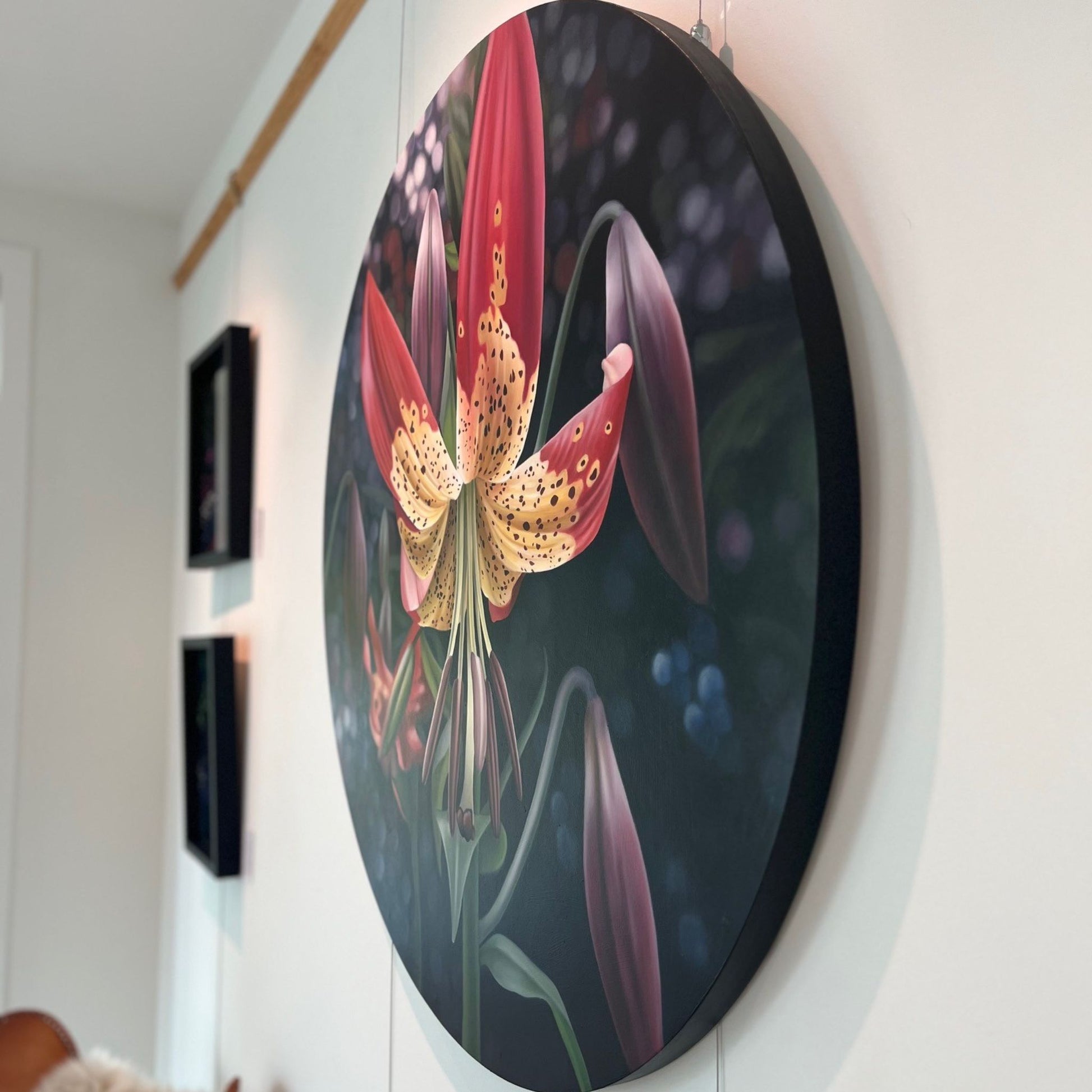 Side view of a detailed painting of a spotted lily in full bloom, by Rod Eales.