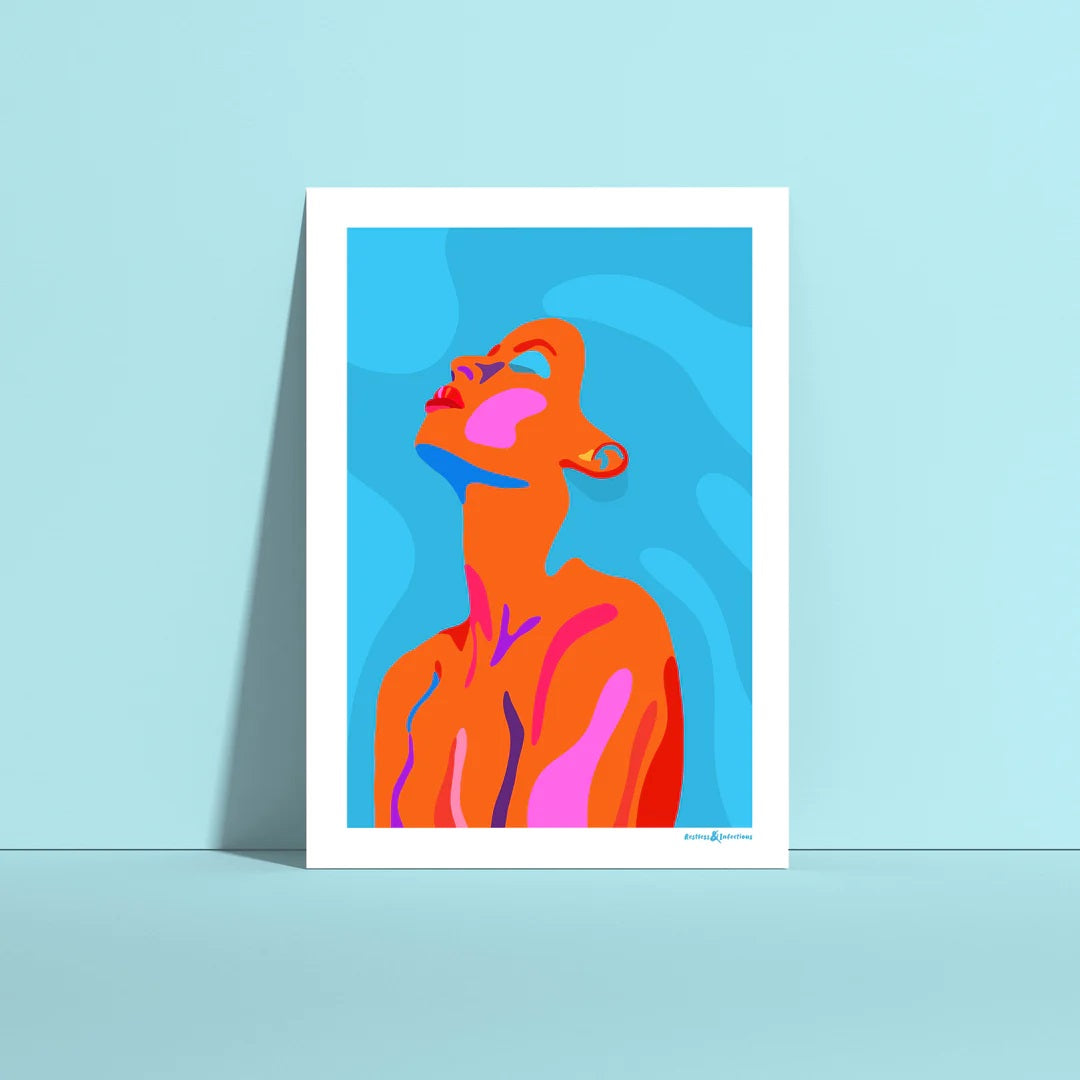 Bright coloured woman with flowing turquoise hair
