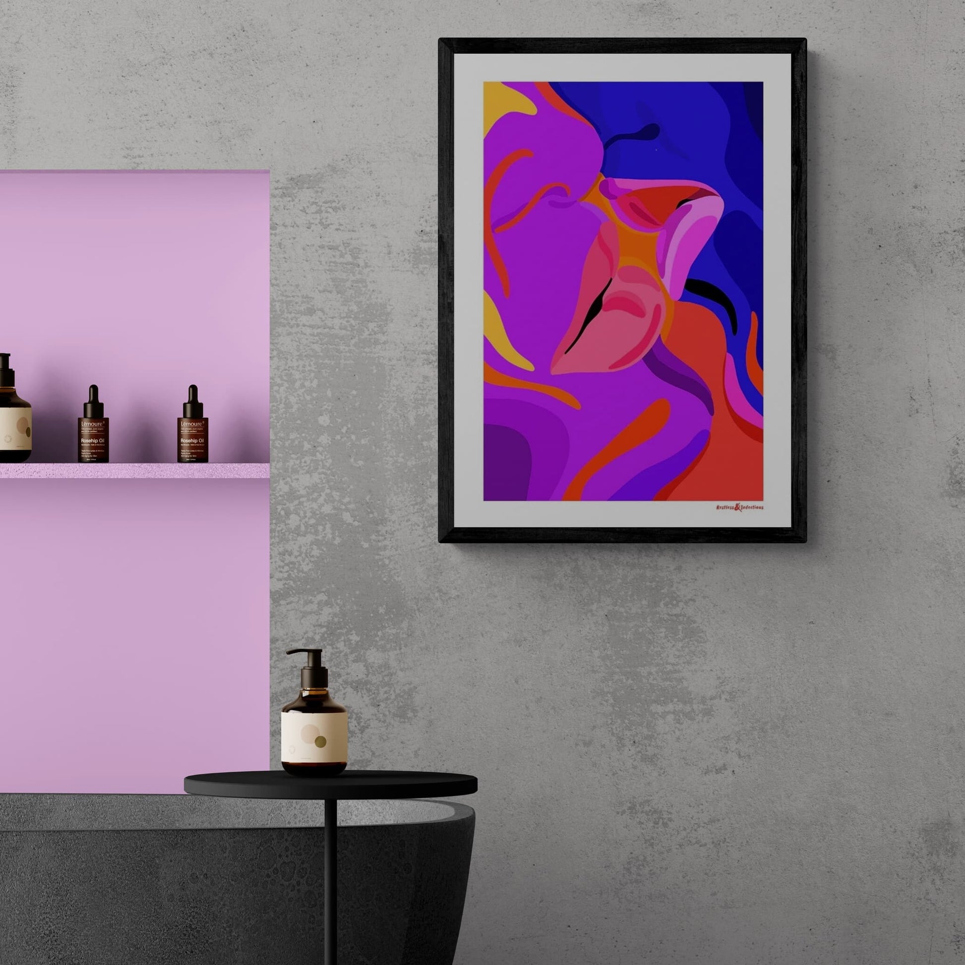Framed print of bright coloured lip swhispering