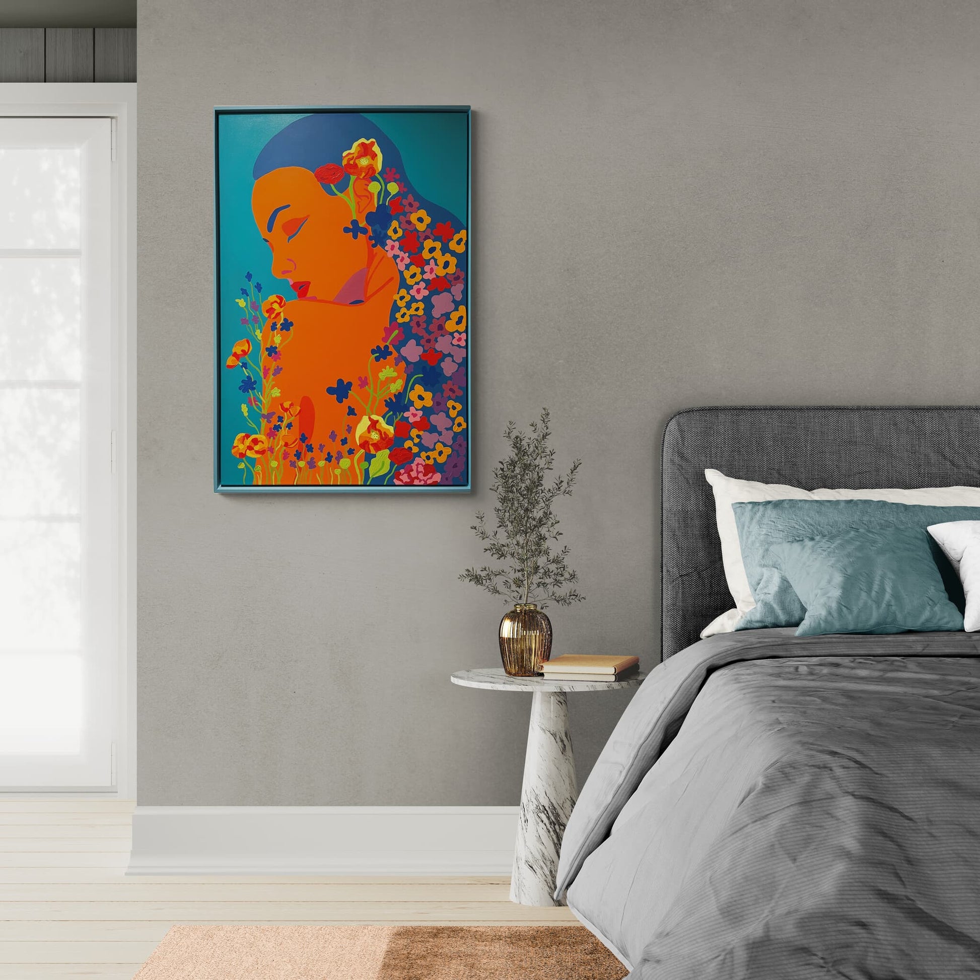 'Azure Bloom,' a painting by Agate Rubene, features vibrant acrylic hues on canvas, hangining beside a bed.