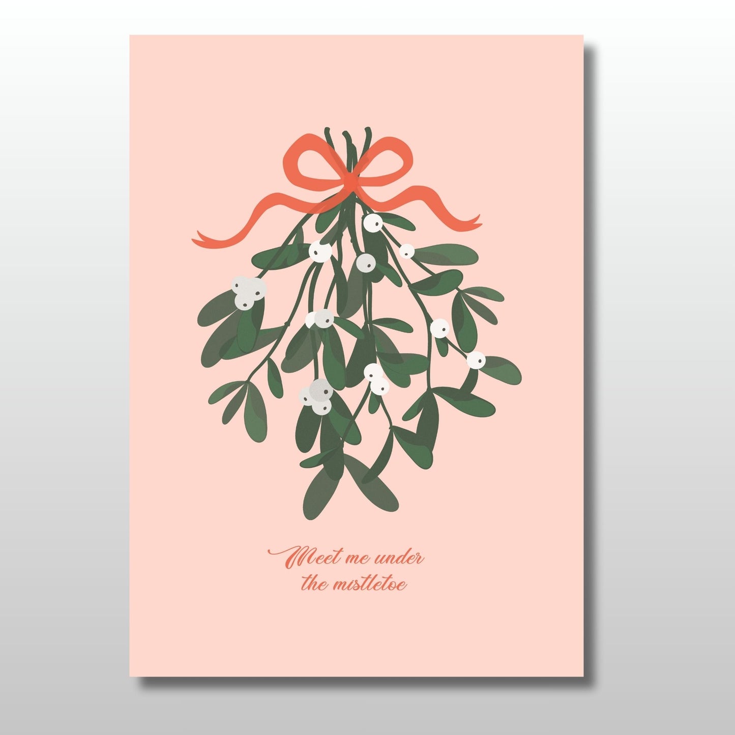 Print with mistletoe illustration and red ribbon on a pink background