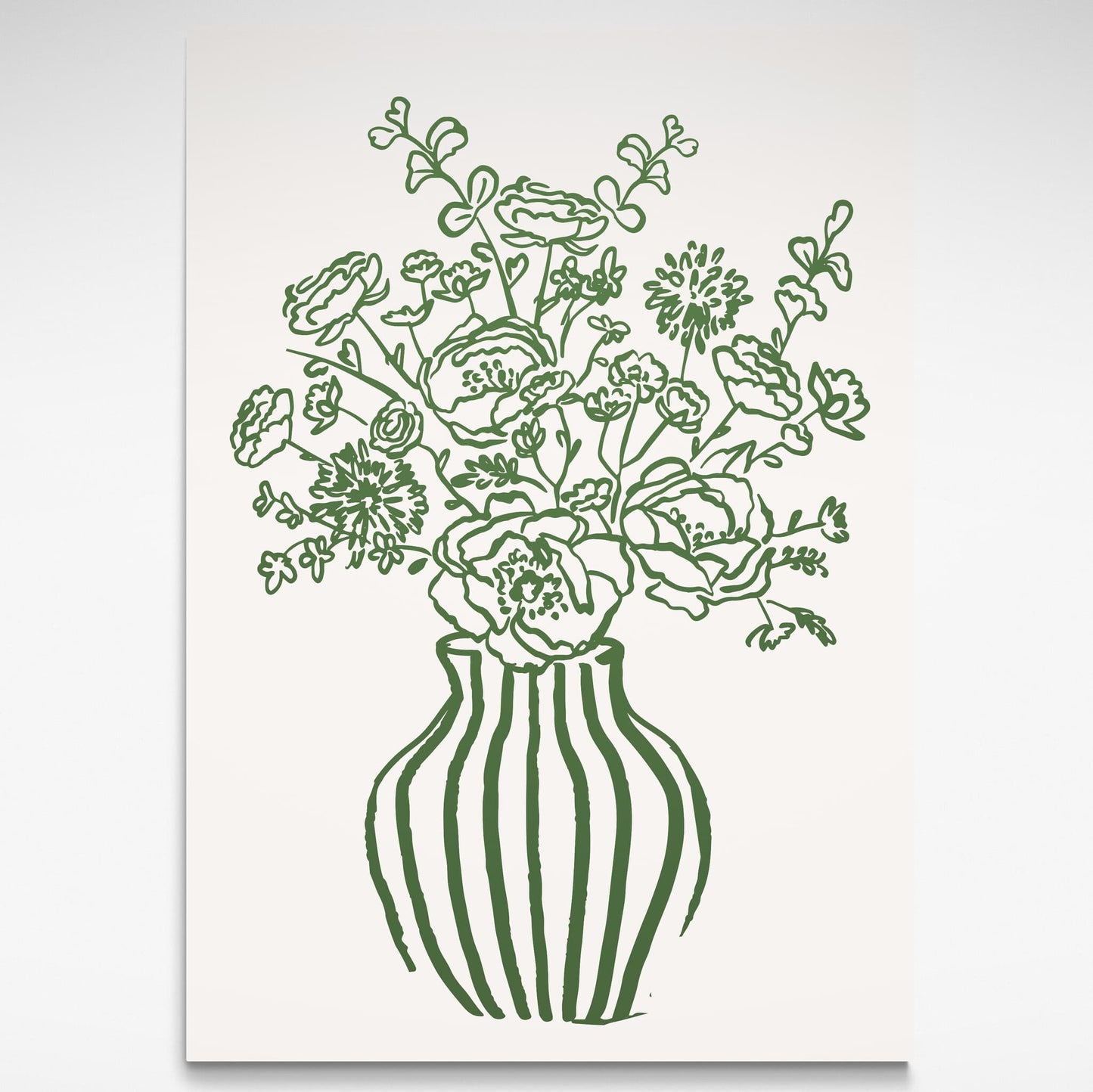 The minimalist green floral poster by Solstice Studio features a retro-striped vase with hand-drawn flowers, perfect for modern living room decor or adding a trendy, artistic touch.