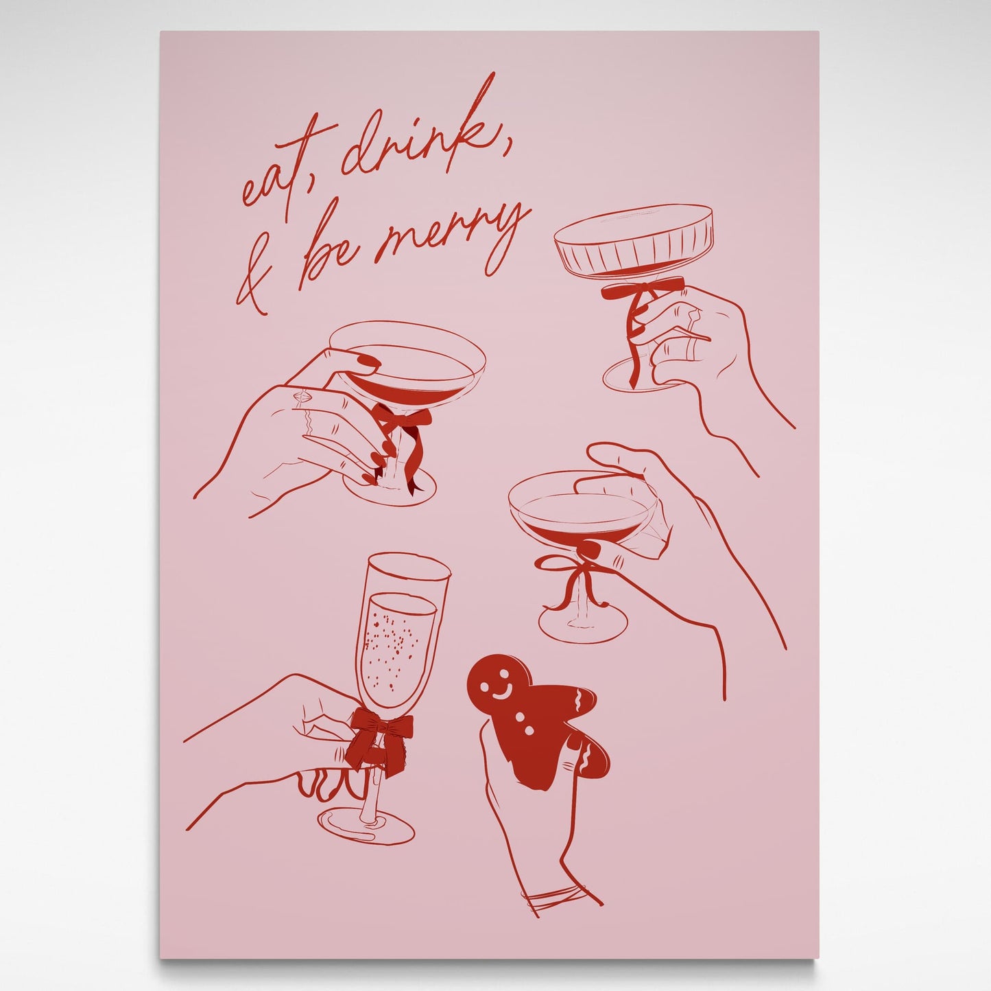 Festive print of hands with glasses toasting Christmas on a soft pink background.
