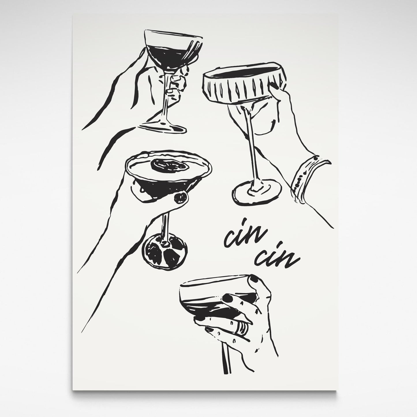 A vibrant black and white poster featuring the playful phrase "Cin Cin" by Solstice Studio Prints.