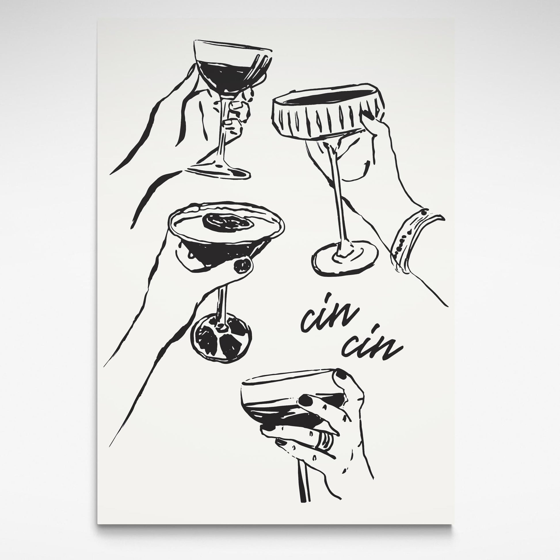 A vibrant black and white poster featuring the playful phrase "Cin Cin" by Solstice Studio Prints.