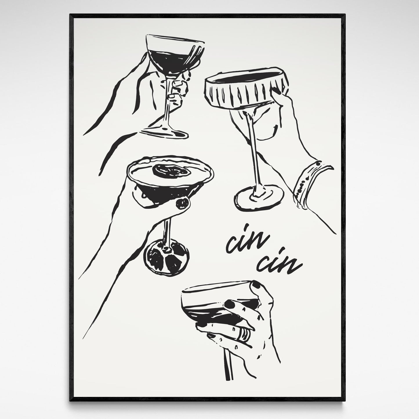 Framed vibrant black and white poster featuring the playful phrase "Cin Cin" by Solstice Studio Prints.