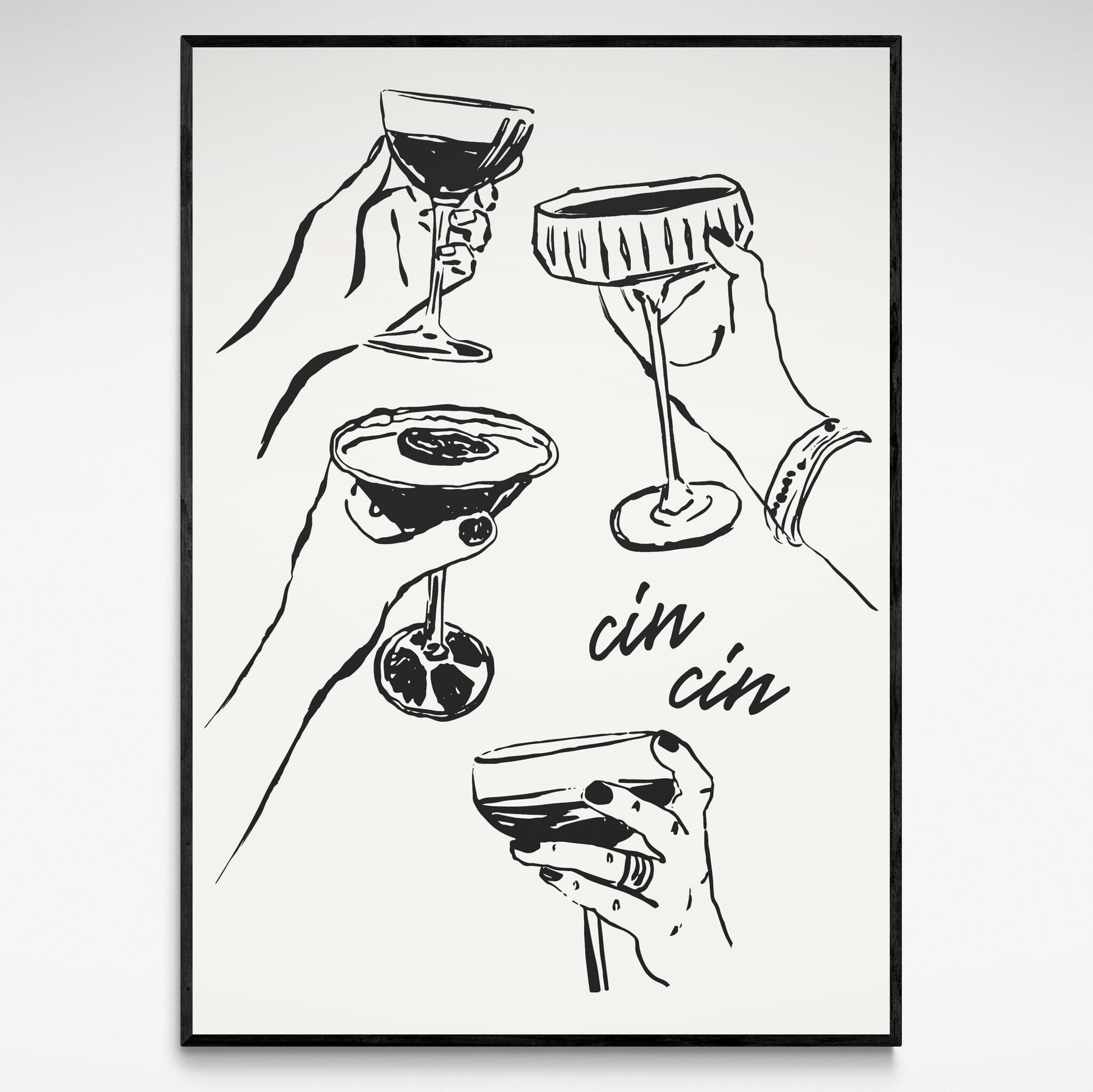 Framed vibrant black and white poster featuring the playful phrase "Cin Cin" by Solstice Studio Prints.