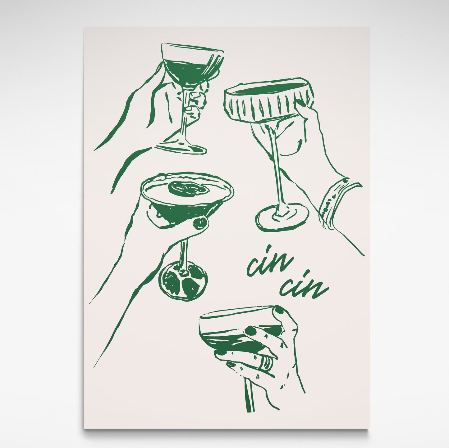 A bold green monochromatic poster of cocktail glasses, featuring the phrase "Cin Cin" by Solstice Studio Prints