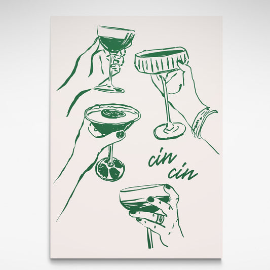 A bold green monochromatic poster of cocktail glasses, featuring the phrase "Cin Cin" by Solstice Studio Prints