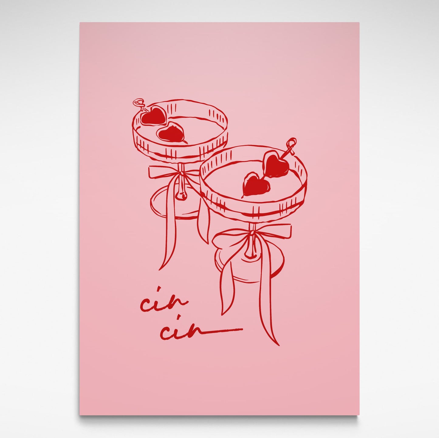 Cin Cin print red cocktail glasses on a pink background with cin cin written on the bottom
