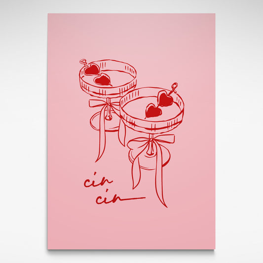 Cin Cin print red cocktail glasses on a pink background with cin cin written on the bottom