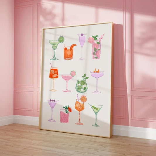 A retro-inspired Cocktails Print featuring charming drink illustrations, perfect for adding color and personality to your space.