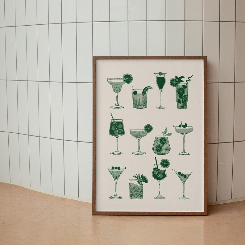 Retro-inspired Green Cocktails Print by Solstice Studio Prints features charming illustrations of cute drinks leaning against a tiled bar.
