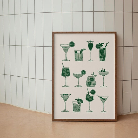 Retro-inspired Green Cocktails Print by Solstice Studio Prints features charming illustrations of cute drinks leaning against a tiled bar.