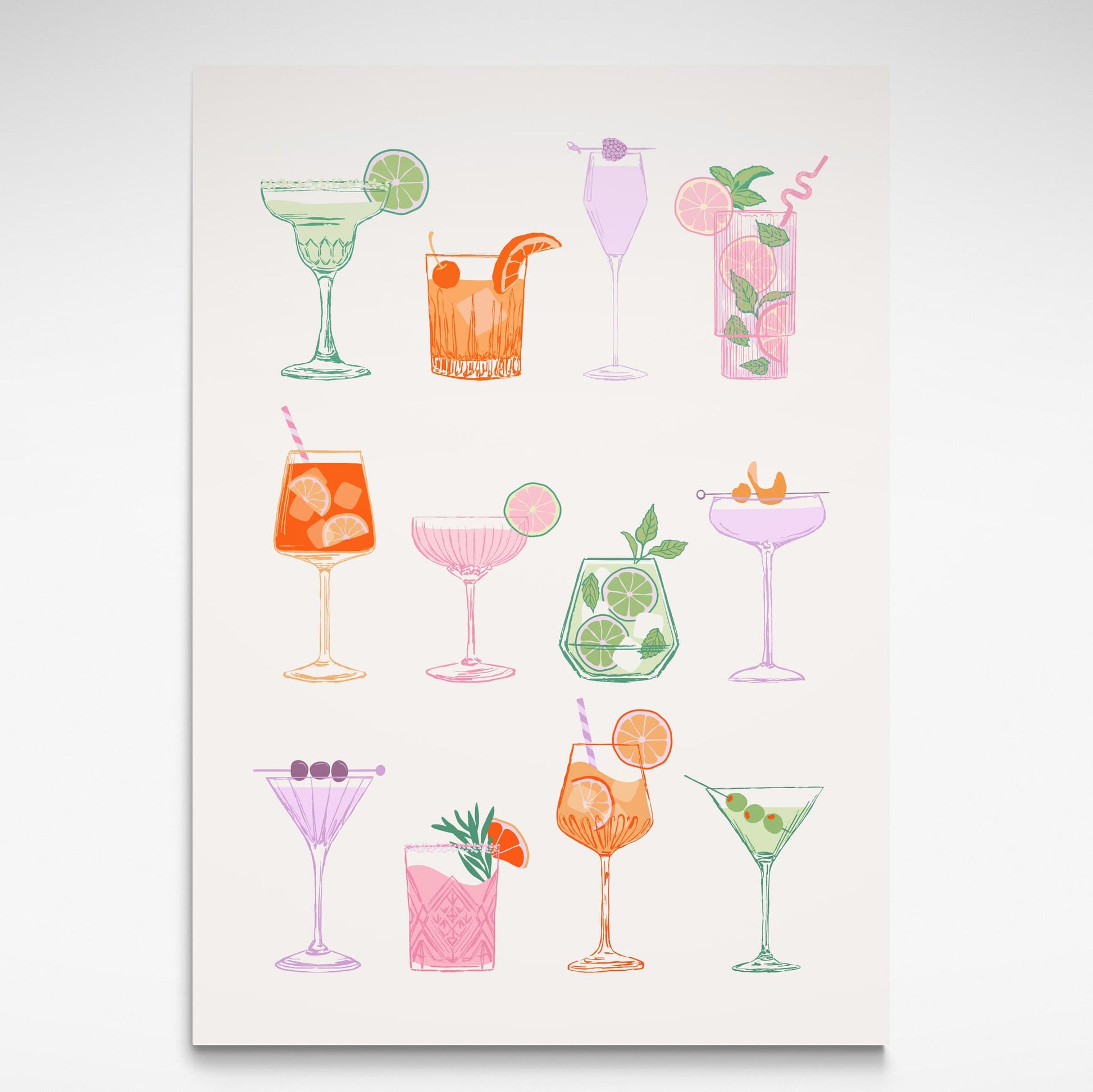A retro-inspired Cocktails Print featuring charming drink illustrations, perfect for adding color and personality to your space.