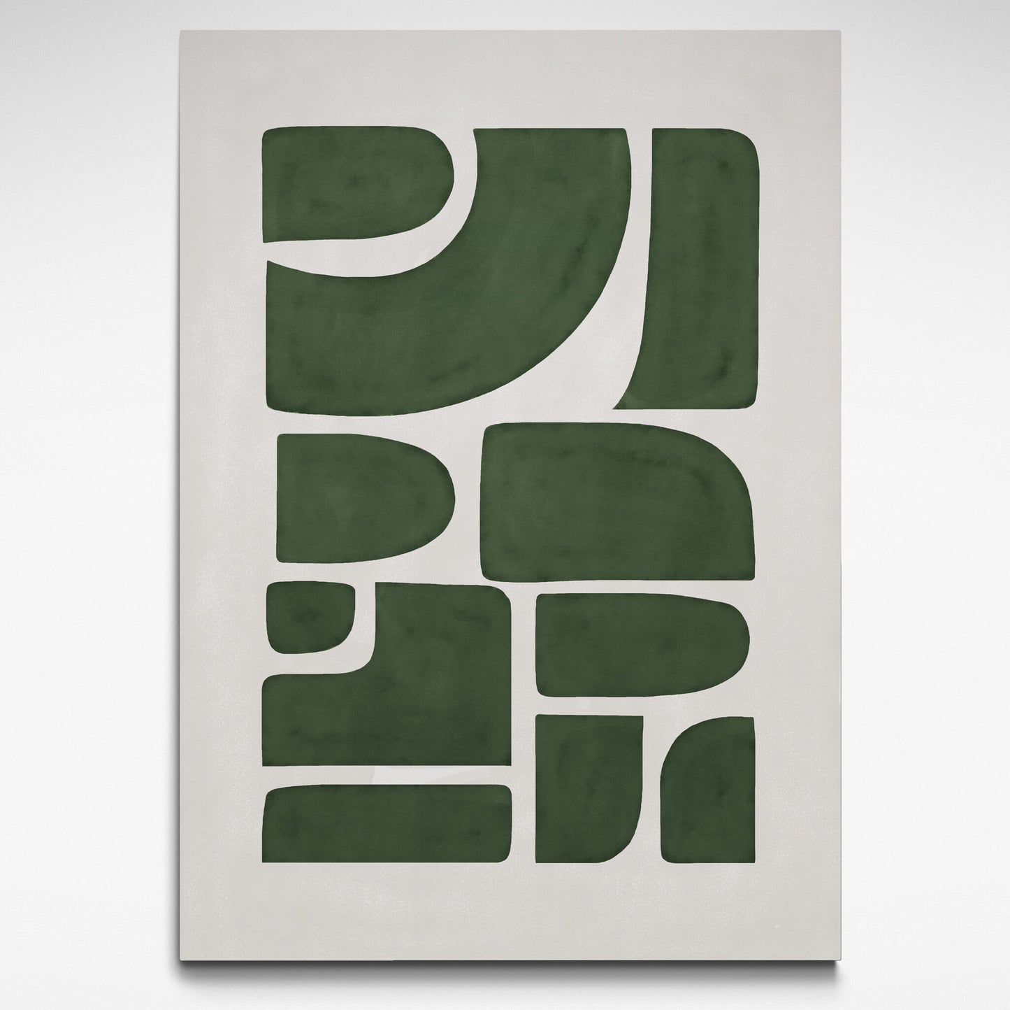 Abstract art piece by Solstice Studio Prints with dark green shapes on a beige background
