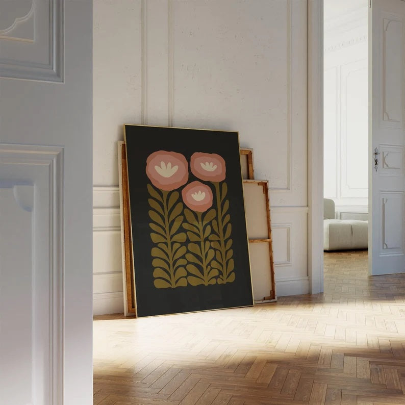 Leaning against a wall is the Green and Black Floral Print (Portrait) by Solstice Studio Prints