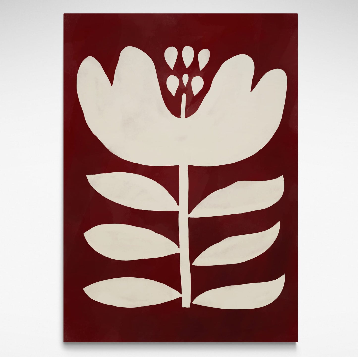 White floral design on a dark red background, print by Solstice Studio