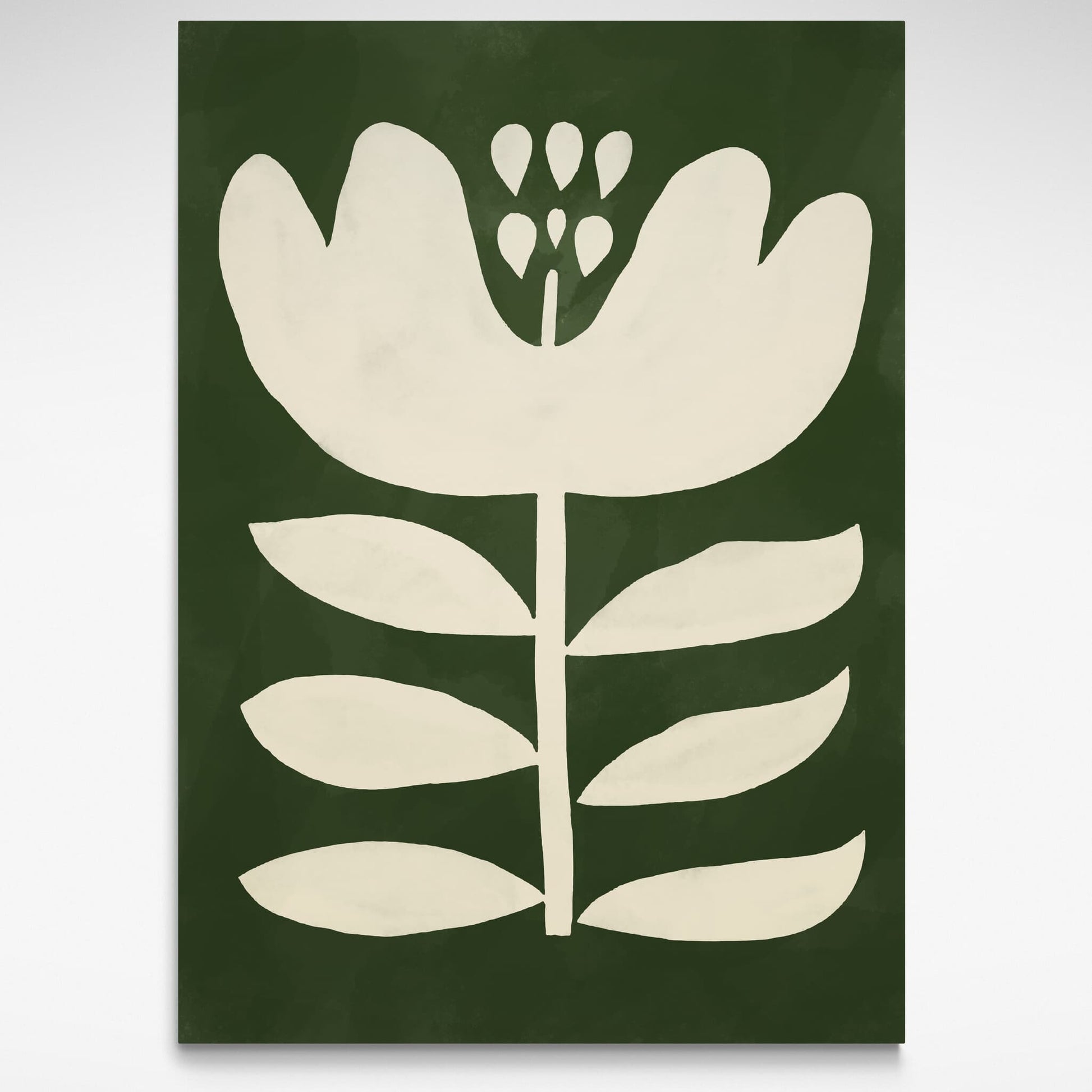 Oversized Dark Green Floral Print featuring an abstract bloom design—ideal for Mid-Century, minimalist, or boho-inspired interiors.