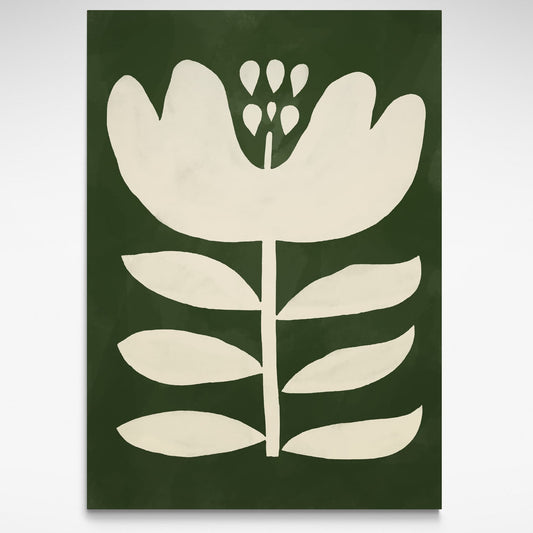 Oversized Dark Green Floral Print featuring an abstract bloom design—ideal for Mid-Century, minimalist, or boho-inspired interiors.