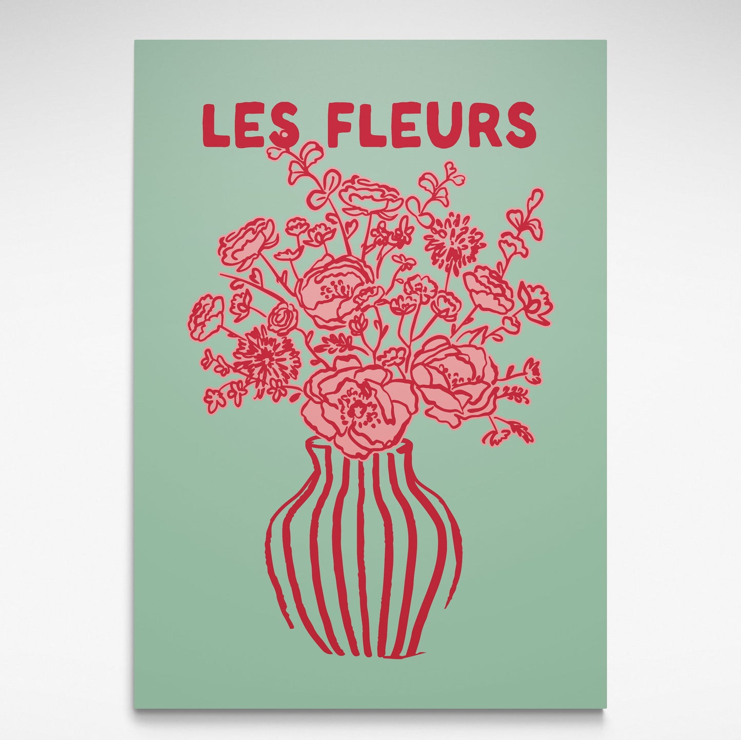 "Les Fleurs Green and Pink" floral hand-drawn print by Solstice Studio Prints, featuring intricate green and pink florals