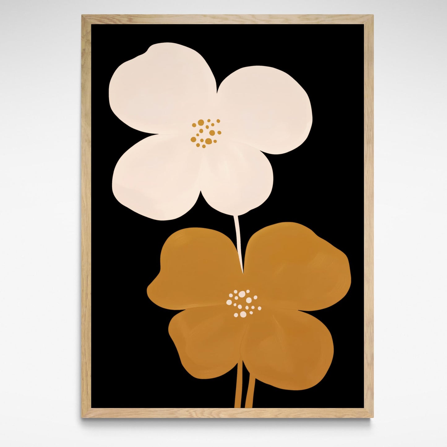 Framed Mid Century Flower Print in black, cream, and gold. Print by Solstice Studio Prints