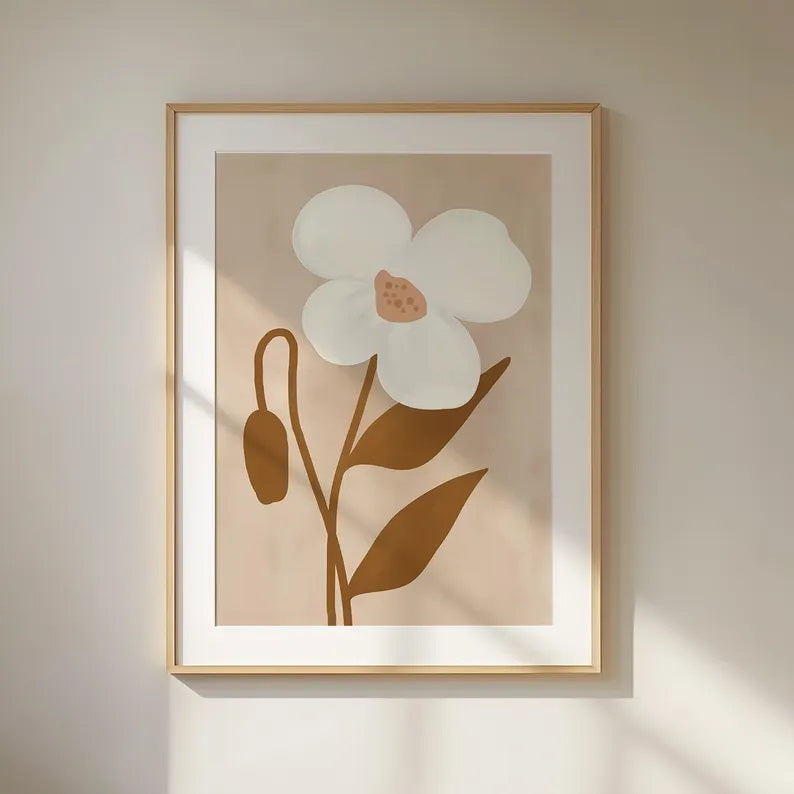 Framed Minimal Flower Print by Solstice Studio Prints featuring soft beige, white, and brown tones.
