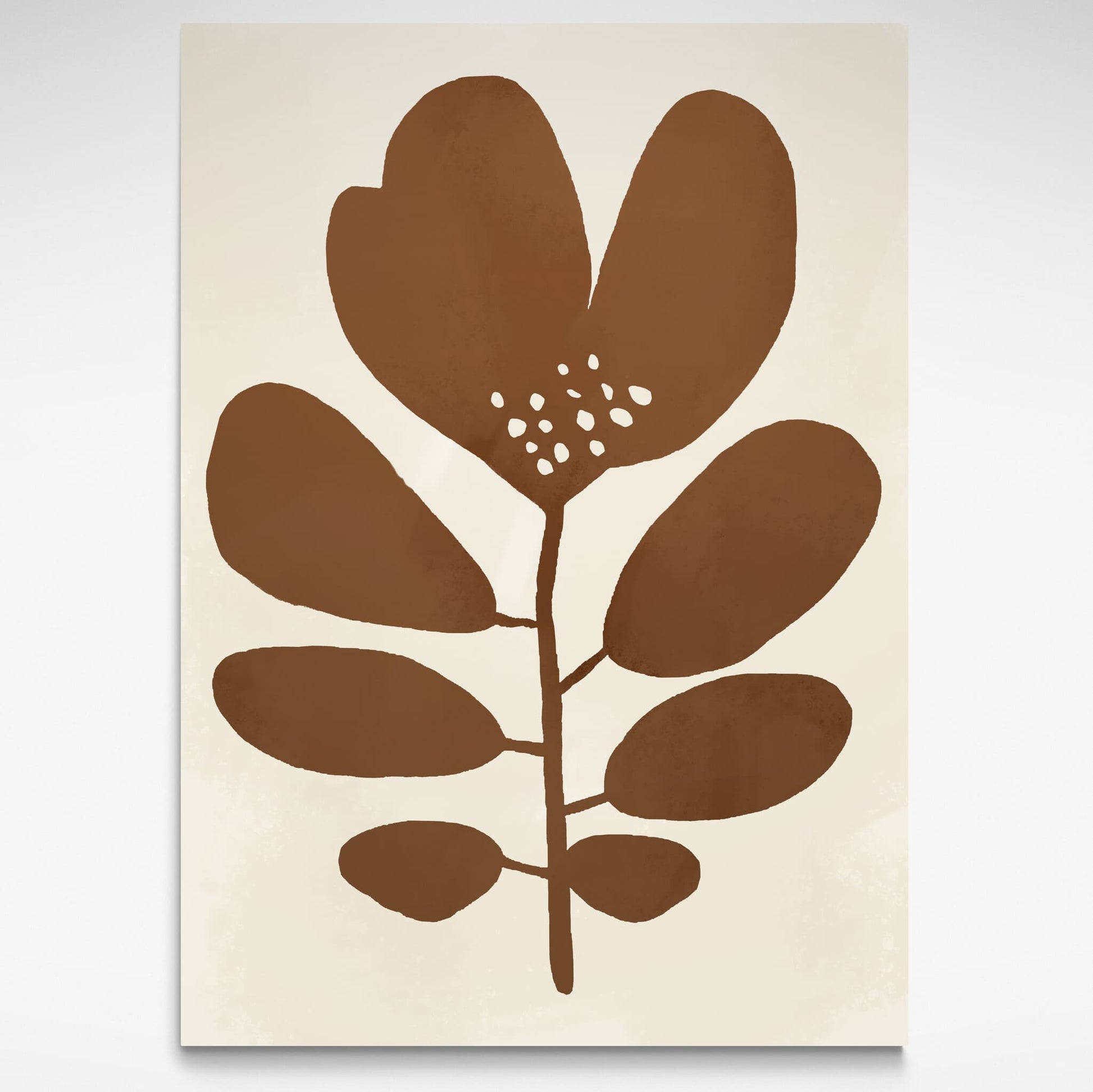 Oversized Brown Leaf print in Mid-Century modern style, oversized retro flower wall art with white and tan accents for minimalist home decor.