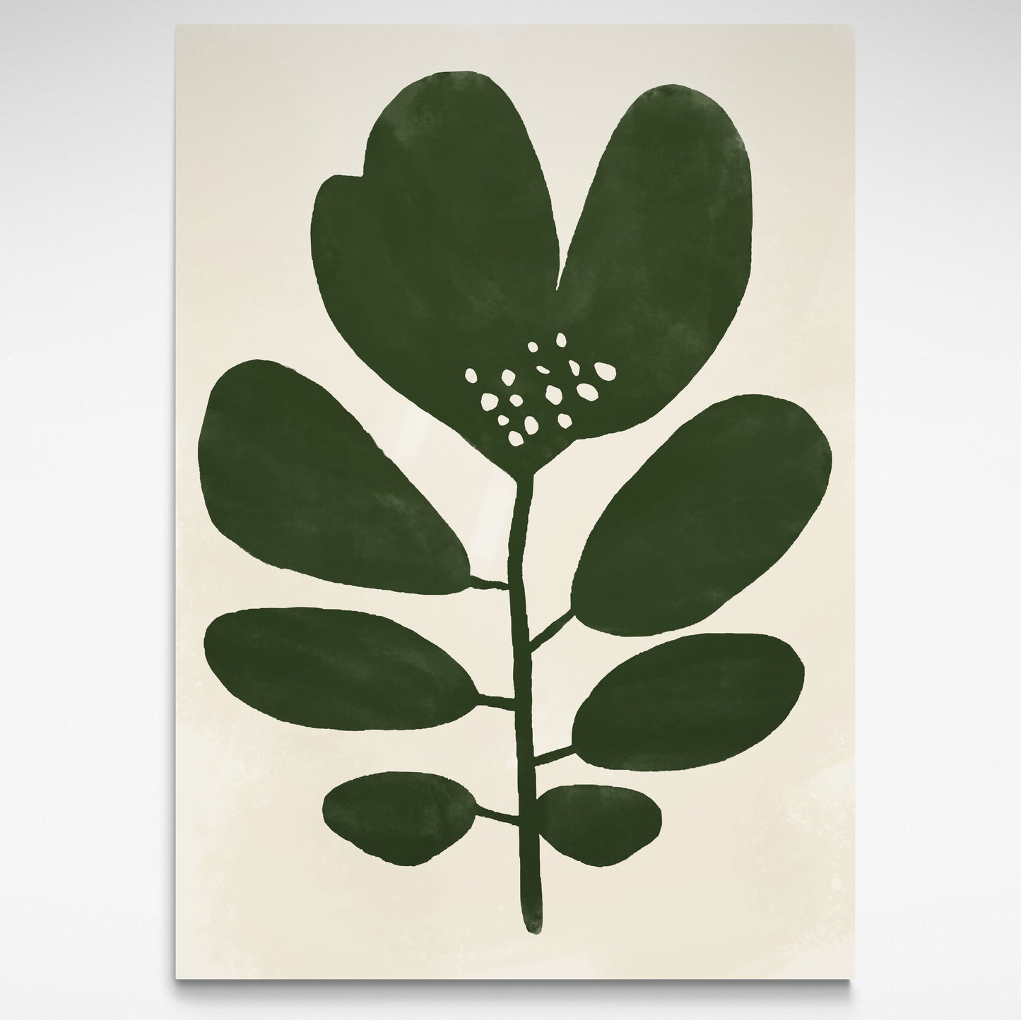 Oversized dark green leaf print featuring an abstract floral design, perfect for Mid-Century and minimalist interiors.