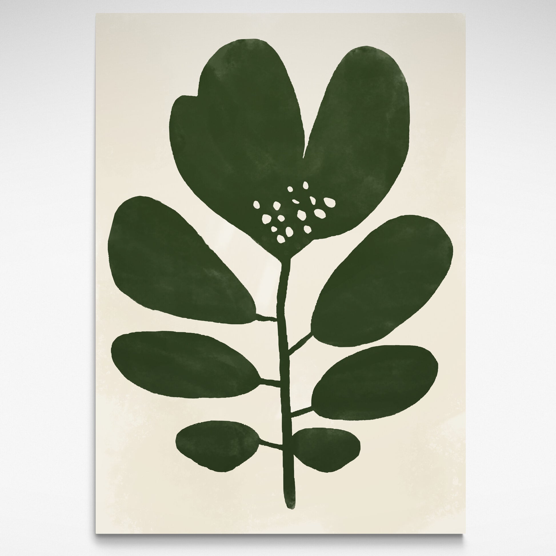 Oversized dark green leaf print featuring an abstract floral design, perfect for Mid-Century and minimalist interiors.