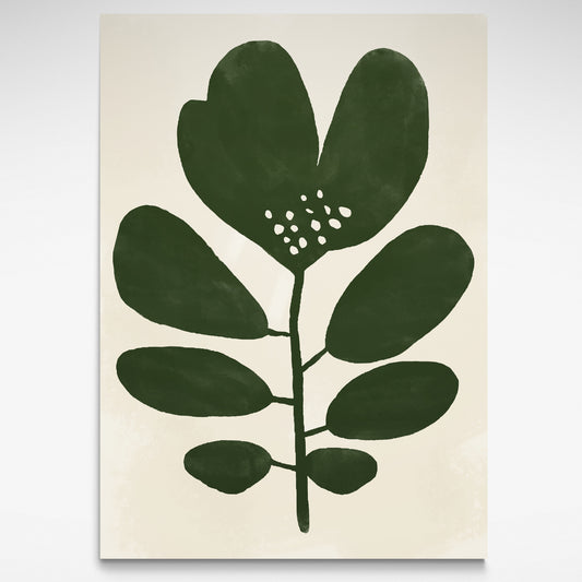 Oversized dark green leaf print featuring an abstract floral design, perfect for Mid-Century and minimalist interiors.