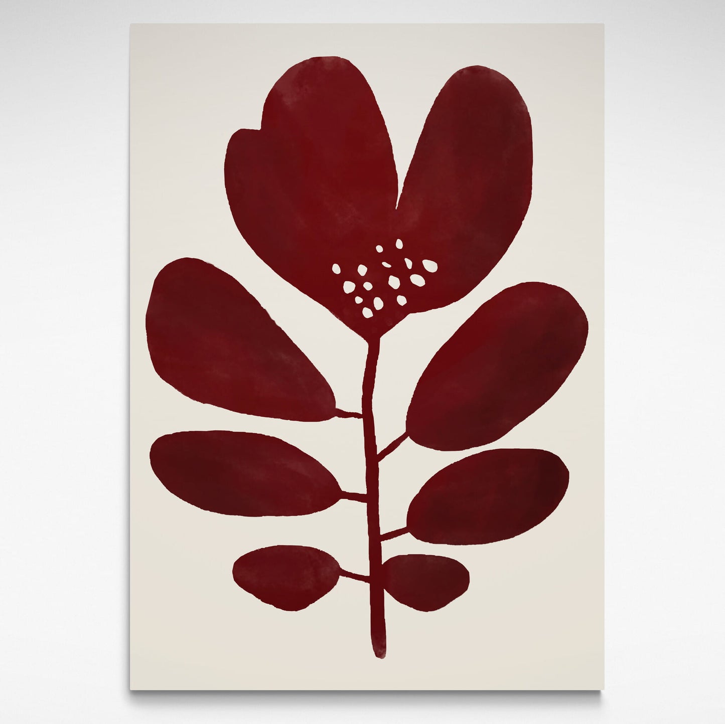 Dark red oversize leaf print on a beige background