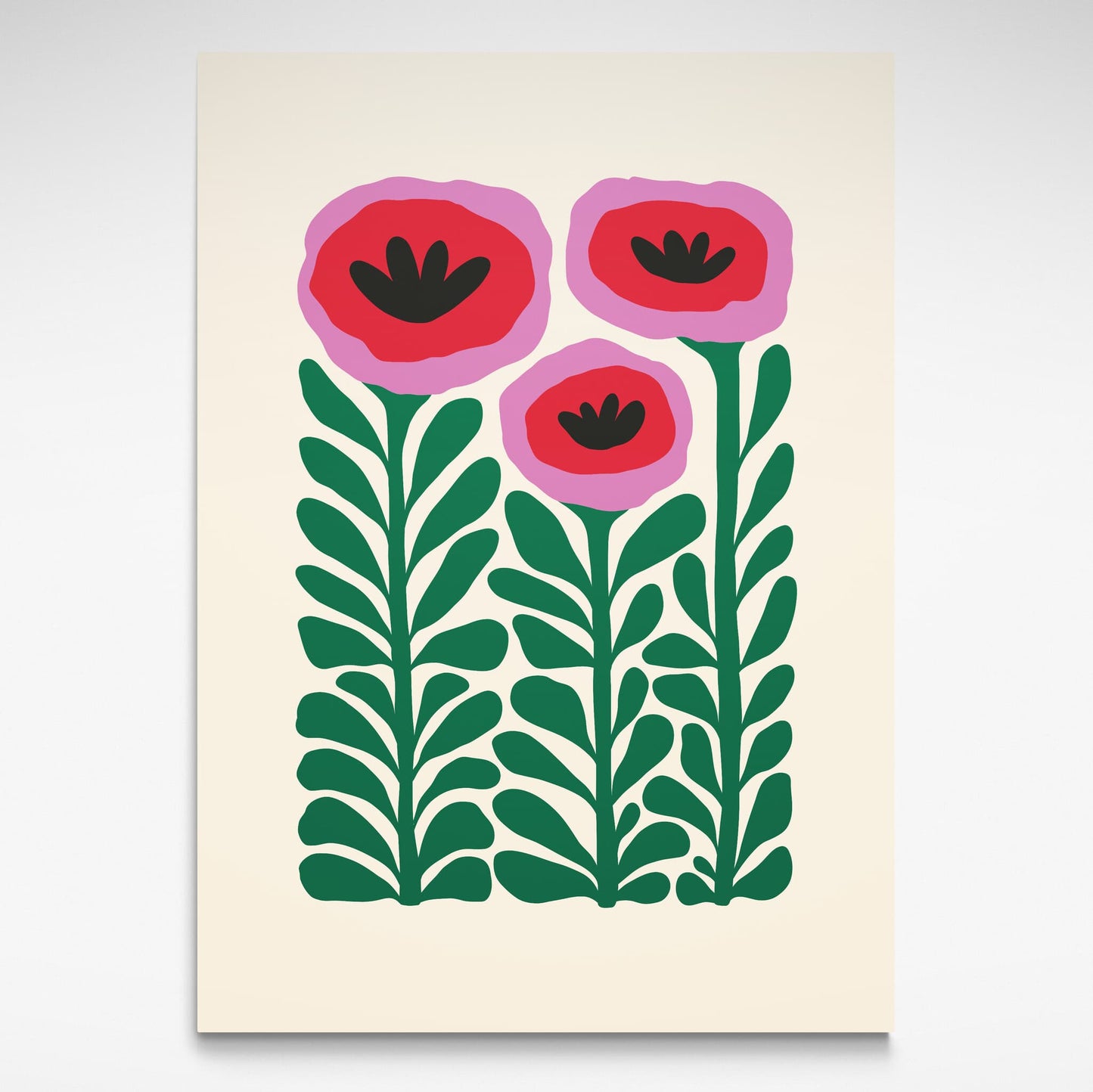 Retro Poppy is a stylized art print by Solstice Studio, featuring soft green leaves and vibrant pink and red blooms.
