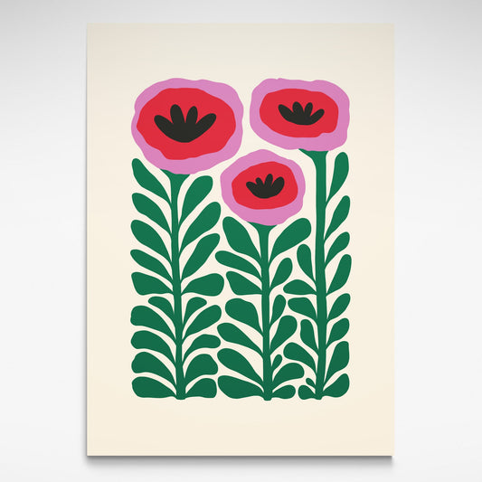 Retro Poppy is a stylized art print by Solstice Studio, featuring soft green leaves and vibrant pink and red blooms.
