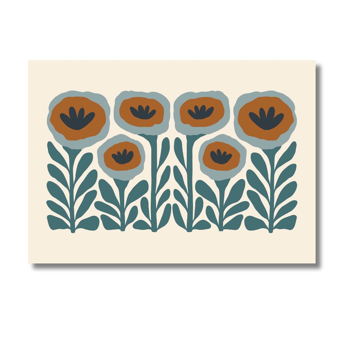 Art Nouveau inspired abstract poppy art print in teal and rust brown tones by Studio Solstice Prints, featuring organic shapes and earthy colours.