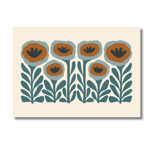 Art Nouveau inspired abstract poppy art print in teal and rust brown tones by Studio Solstice Prints, featuring organic shapes and earthy colours.