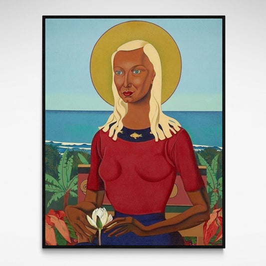 Framed portrait of a woman with white hair holding a flower