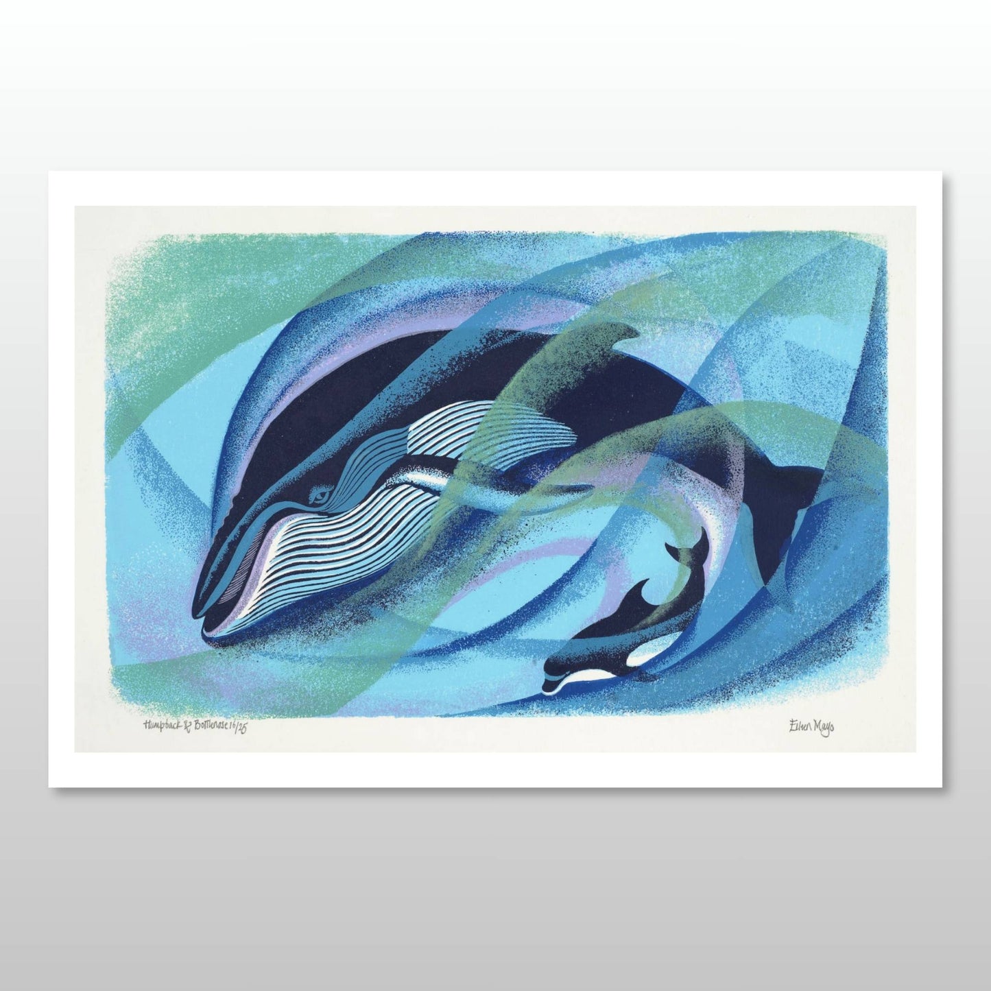 Art print by Eileen Mayo of a dolphin and whale in a stylized blue and green design on a white background