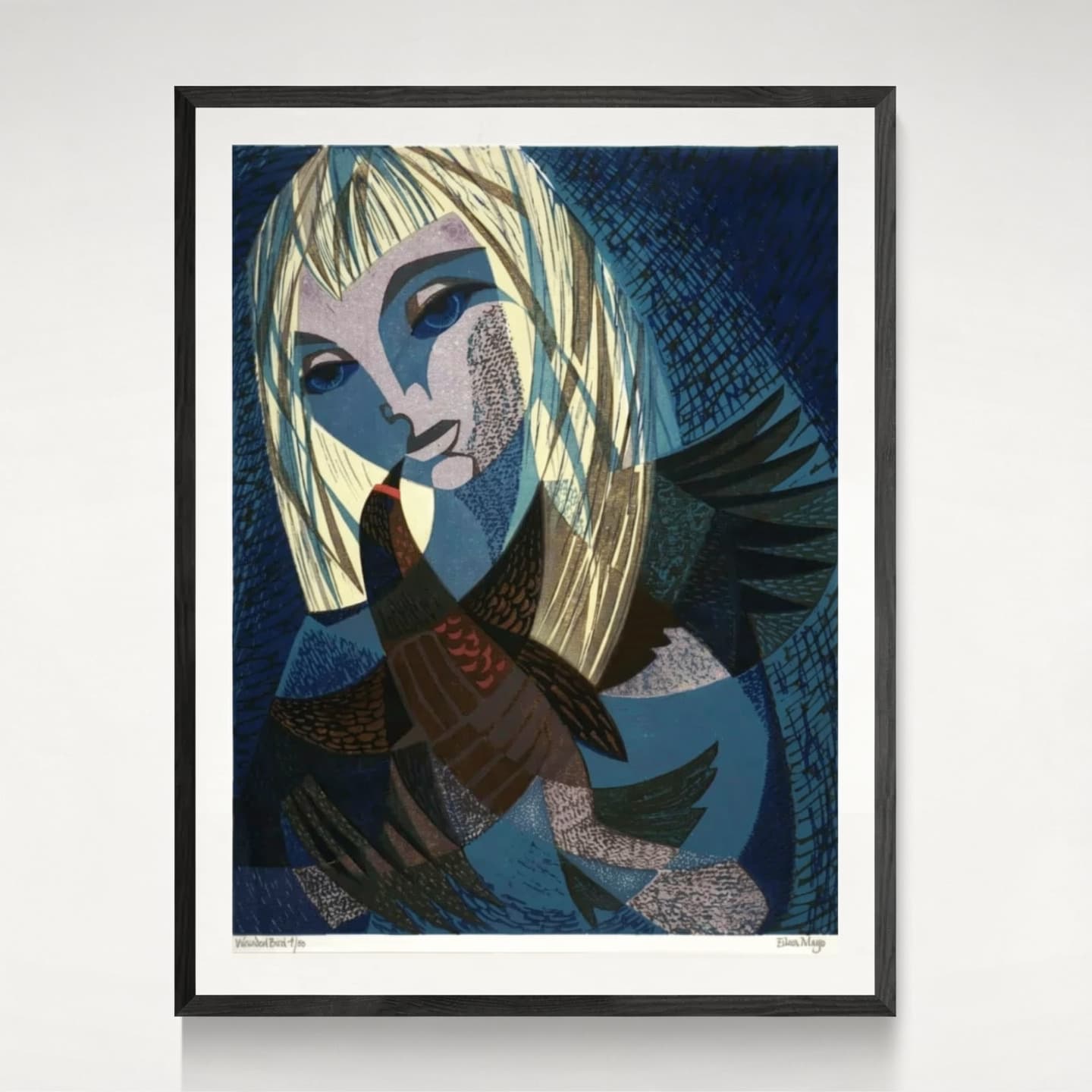 Framed reproduction print of Eileen Mayo's Wounded Bird, 1965 linocut print