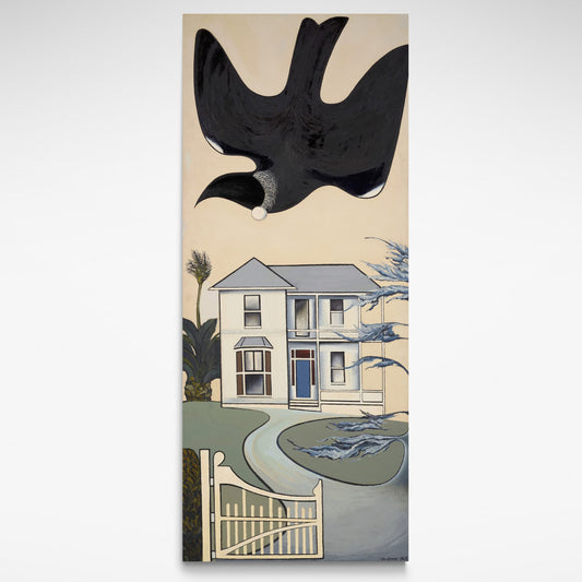 Print of Don Binney’s "Colonial Garden Bird" showing a New Zealand tūī in a garden above a colonial-era wooden house.