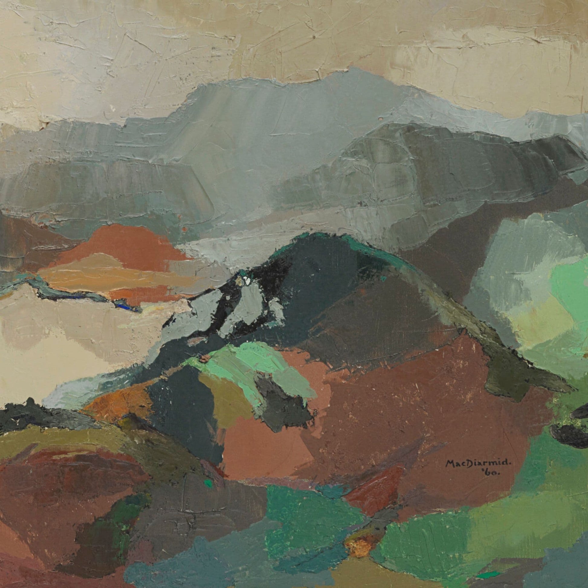 Detail of a reproduction print of Douglas MacDiarmid’s "Landscape, Savoy," oil painting with pops of vivid green and blue.