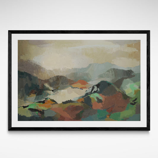 Framed reproduction print of Douglas MacDiarmid’s "Landscape, Savoy," oil painting with pops of vivid green and blue.