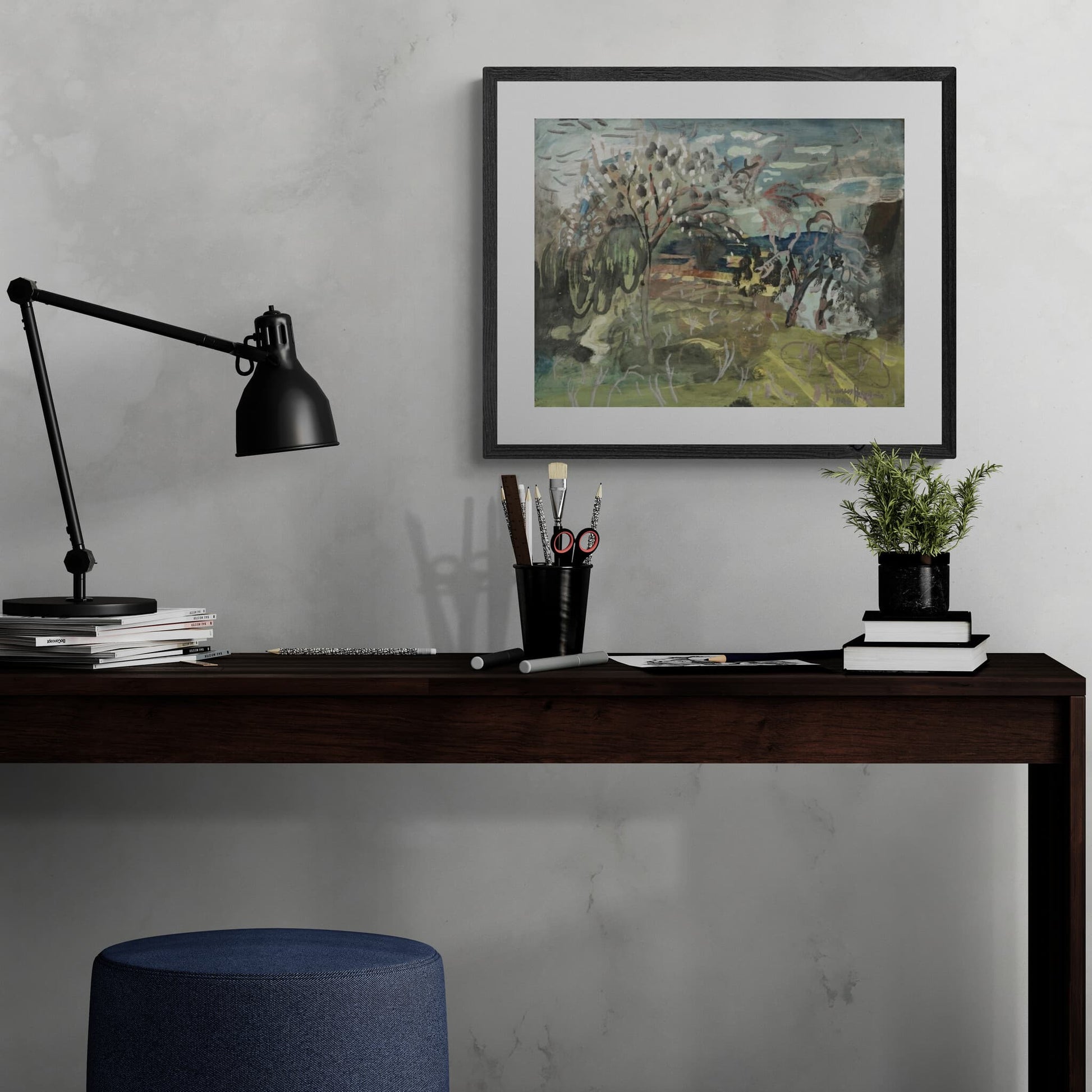 Framed and hanging print depicting an orchard of blooming cherry and pear trees