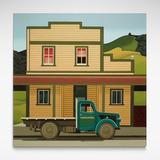 ‘Mangaweka’, 1973, by Robin White. A high-quality reproduction of an iconic painting showing a 1930s truck parked in front of a wooden building in the small New Zealand town of Mangaweka.