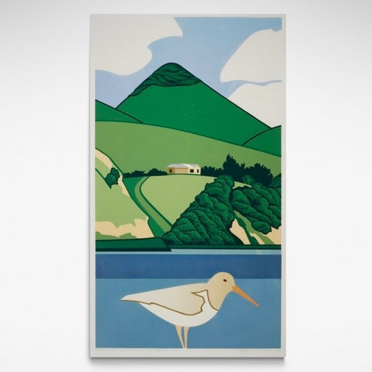 White Oystercatcher and Harbour Cone Print by Robin White – A stylized depiction of a white oystercatcher bird in the foreground with the iconic Harbour Cone in the Otago Peninsula rising in the background.