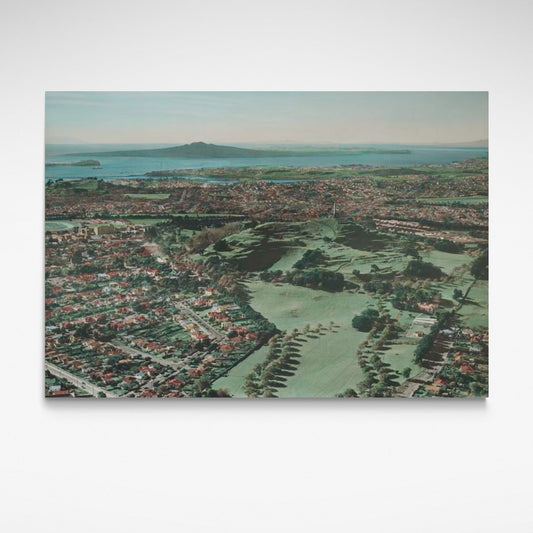 1940s hand-coloured view over Auckland from One Tree Hill.