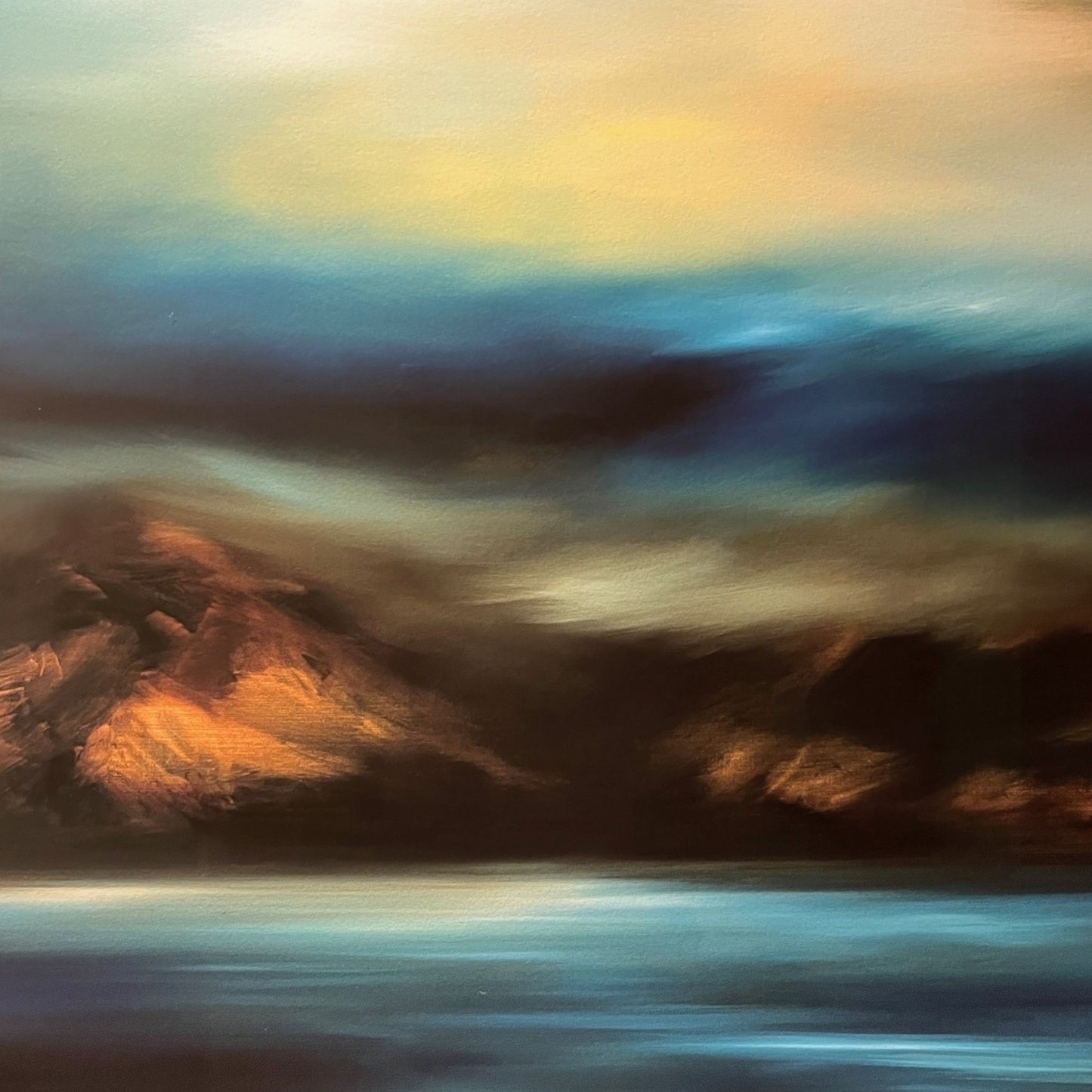 Detail of "Honour" a framed limited-edition museum-quality print of Jane Blackmore's vibrant artwork in blues and golden browns.