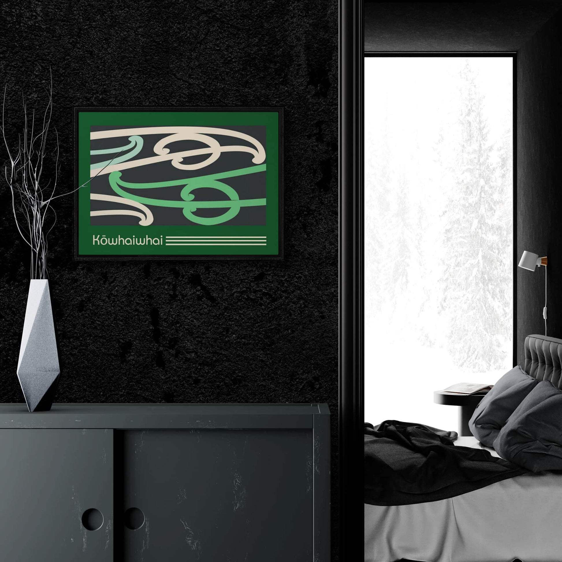 Framed print hanging on hall wall beside bedroom